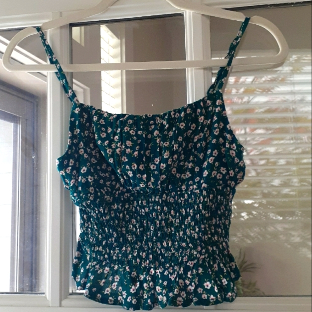 Teal Floral Smocked Tank Top Garden Girl Boho Size Small